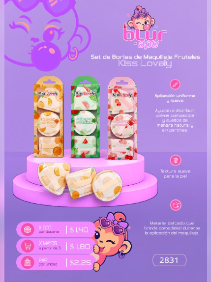 Set de borlas maquillaje frutales Kiss Lovely